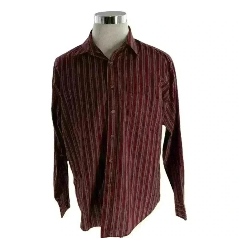 Puritan Men's Maroon Striped Resistant Button Up Shirts Long Sleeves Size Large